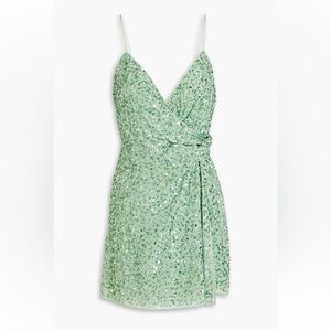 Alice + Olivia Celestine Embellished Wrap Minidress in Sage Green